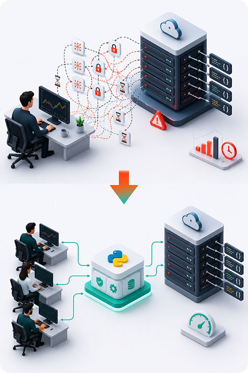 Diagram: manual alert handling replaced by an automated Python service feeding the trading servers